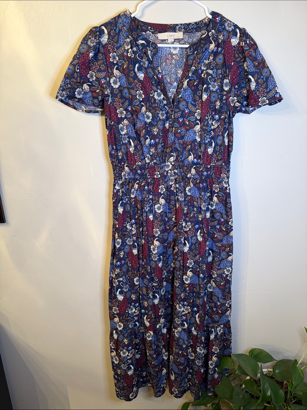 LOFT Navy Blue and Burgundy Floral Midi Dress